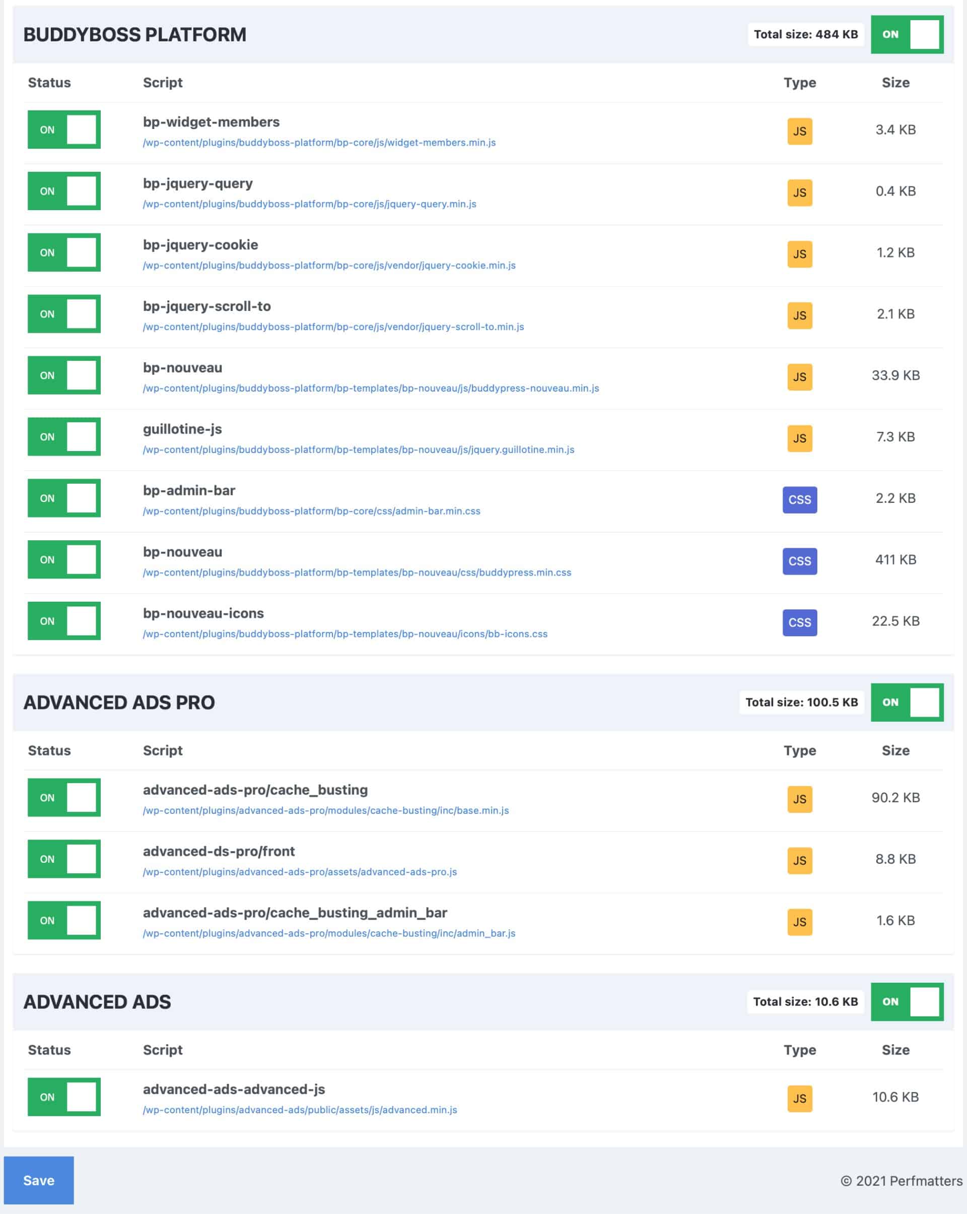 Perfmatters script manager