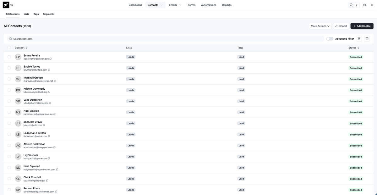 FluentCRM Review: A screenshot of the FluentCRM 3.0 interface on a development server, displaying 1,000 mock contacts with active List and Tag segments. The image visualizes the high-density data handling capabilities and clean layout of the new Vue 3 Single Page Application framework within the WordPress dashboard.