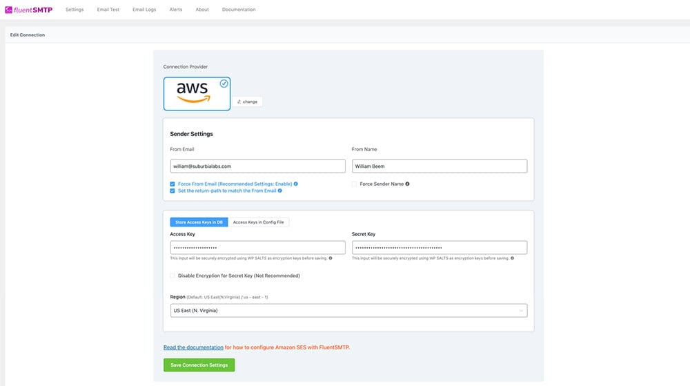 The FluentSMTP configuration interface on a development server showing a successful connection to Amazon SES. This demonstrates the decoupling of the CRM intelligence from the transport layer to eliminate the success tax and improve delivery reliability.