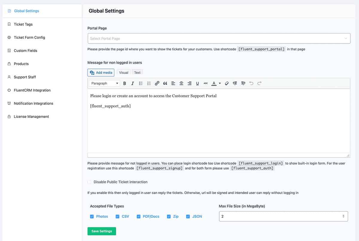 Fluent Support Global Settings