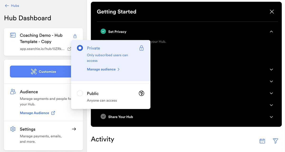 Searchie Hubs - Privacy Options