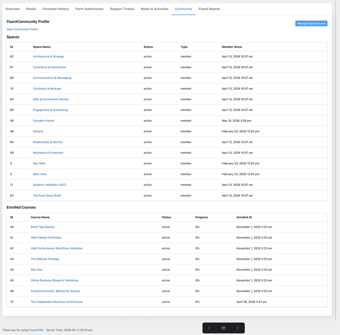 FluentCRM automation builder showing Community trigger options including joined a space, left a space, enrolled in course, completed a course, lesson completed, and user level upgrades