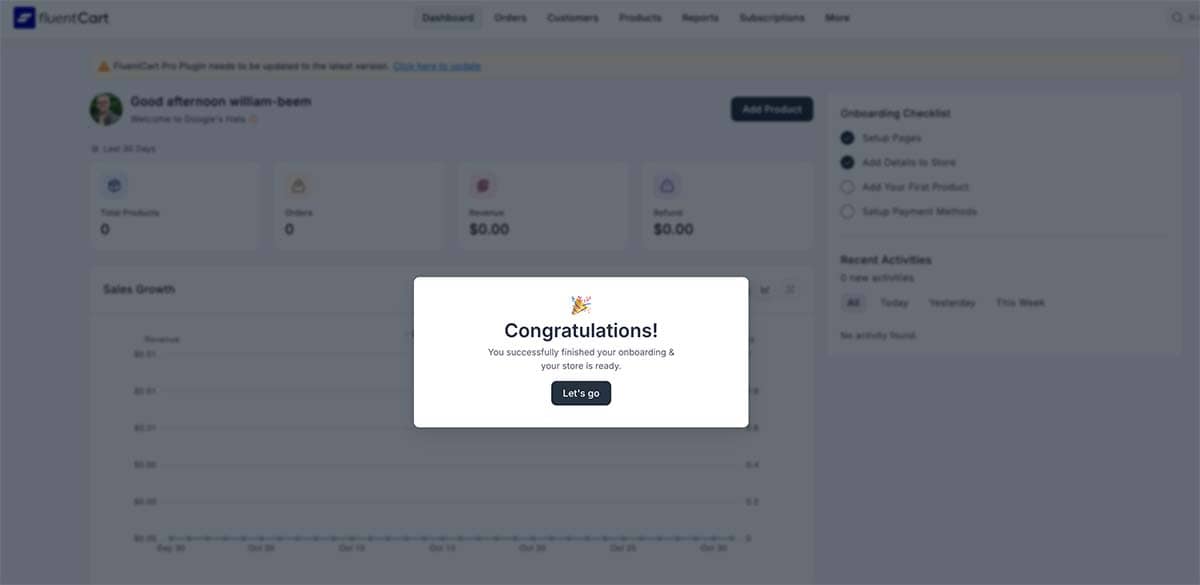FluentCart Review - Install Congratulations