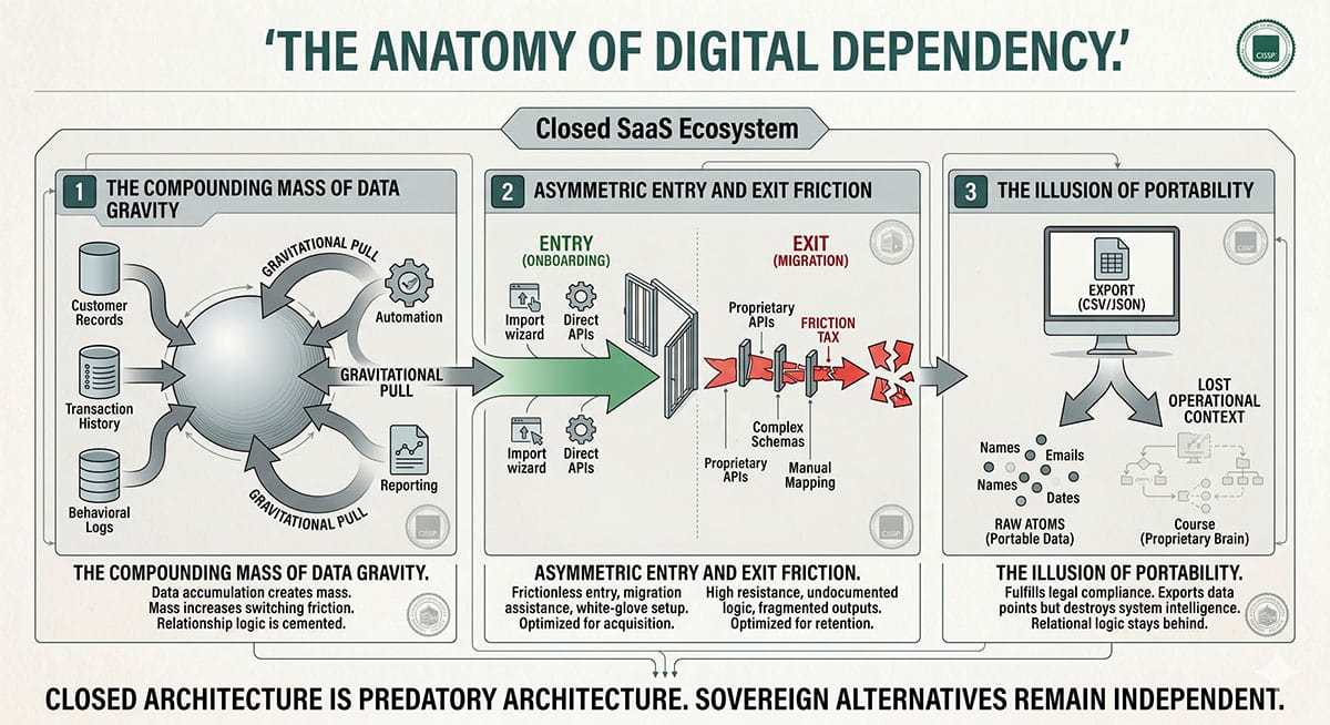 Diagram showing the three mechanics of SaaS hostage crisis: data gravity, asymmetric entry and exit friction, and the illusion of portability — from the Suburbia Press SaaS Hostage Crisis Risk Archive.