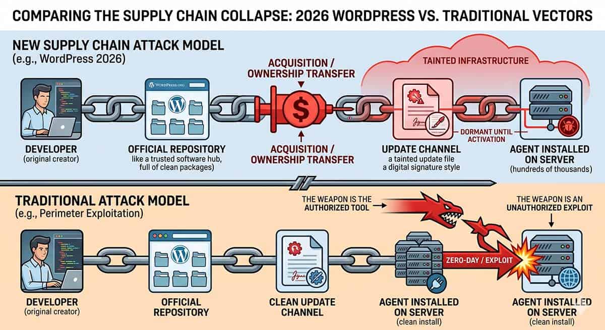 Diagram comparing the 2020 SolarWinds exploit to the 2026 WordPress plugin backdoor.