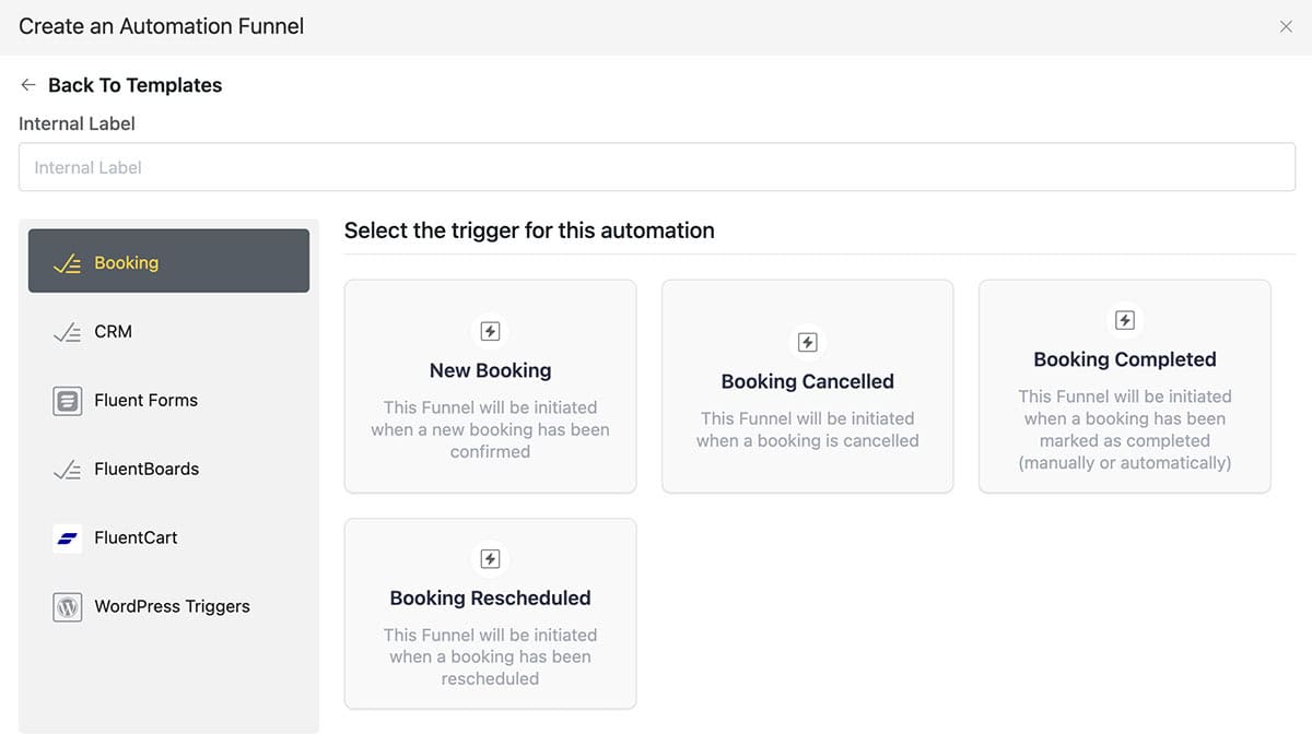 fluentbooking review showing the automation triggers for new, cancelled, and rescheduled bookings in fluentcrm.