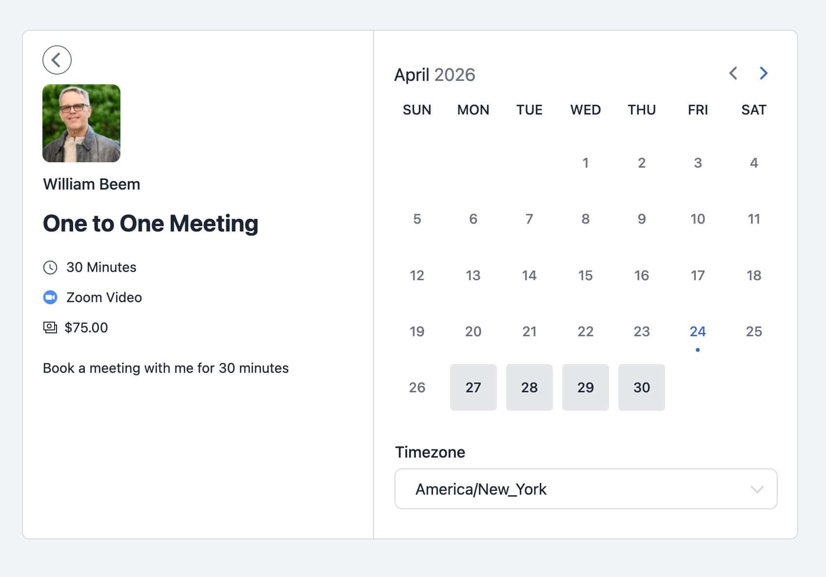 fluentbooking review of the calendar interface showing date selection and available time slots.
