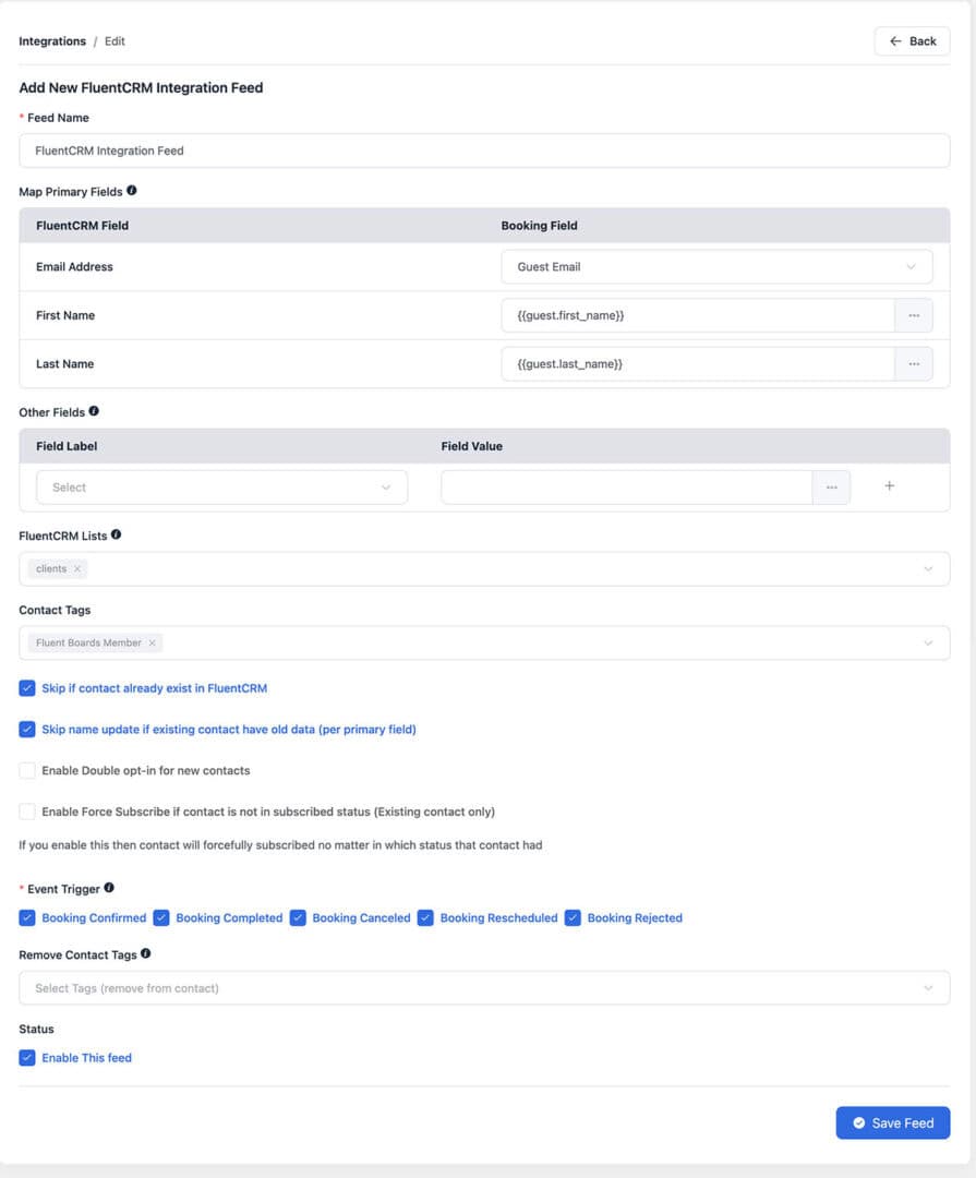 fluentbooking review of the crm integration feed showing data mapping and contact tagging.