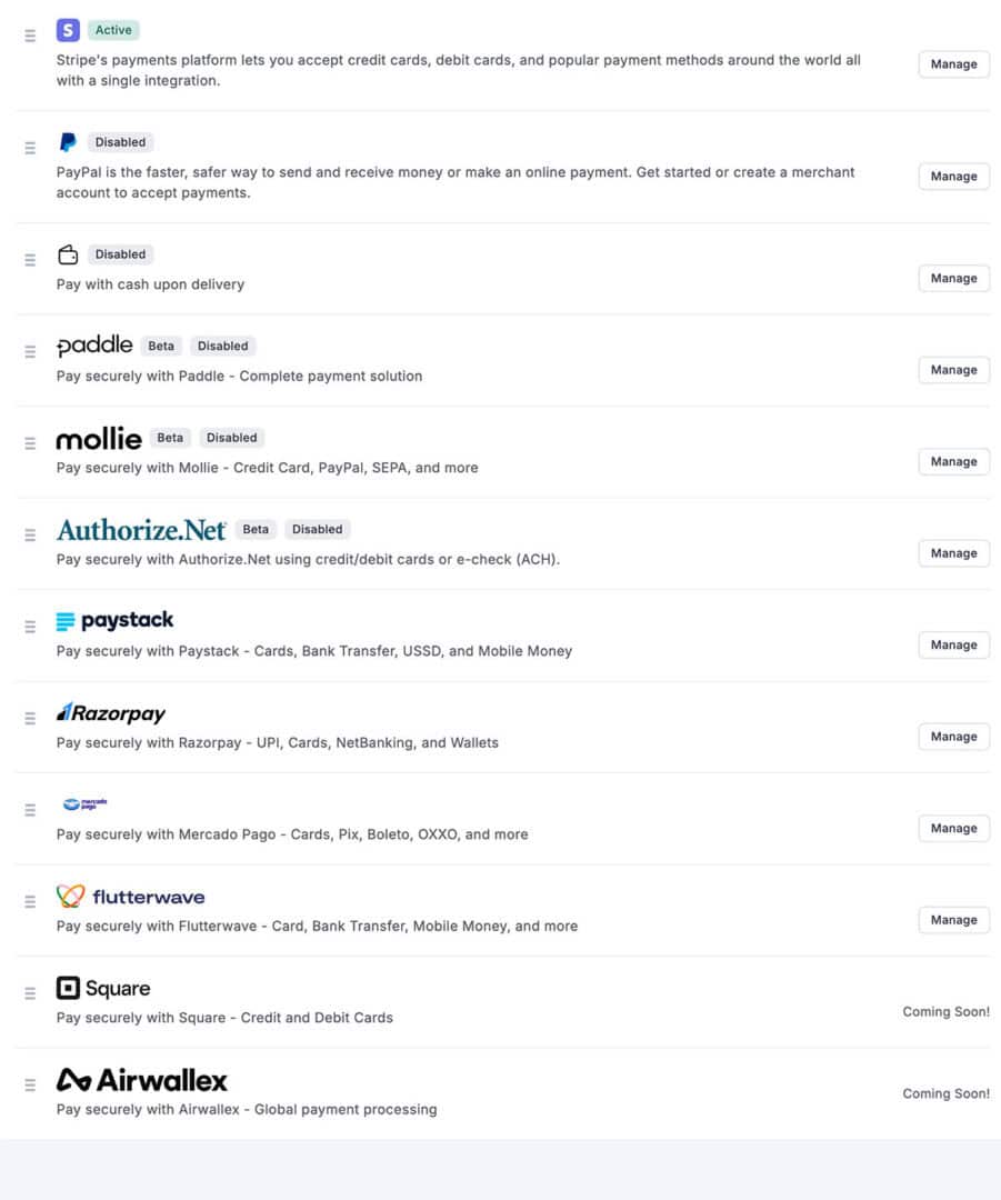 fluentbooking review showing the extensive list of payment gateways available through fluentcart integration.