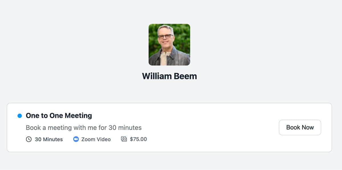 fluentbooking review showing the initial meeting selection screen for a one-on-one session.