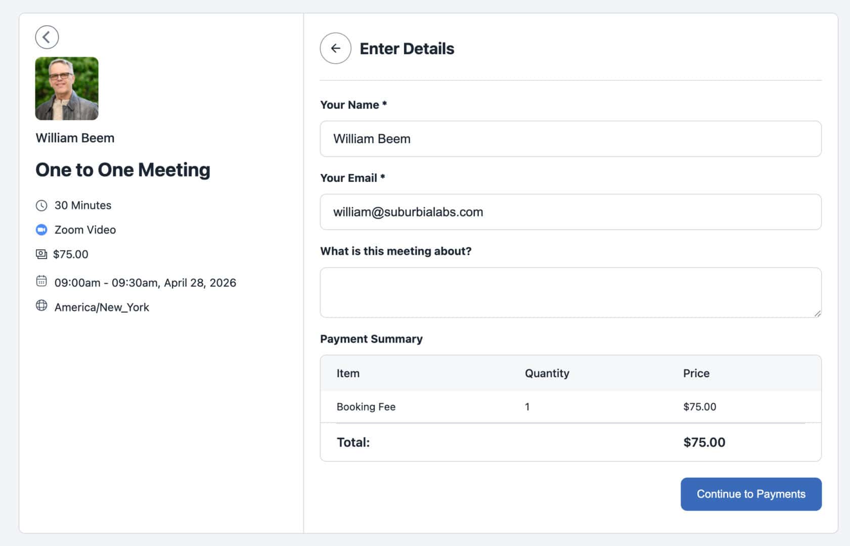 fluentbooking review showing the client detail entry form and Stripe payment summary.