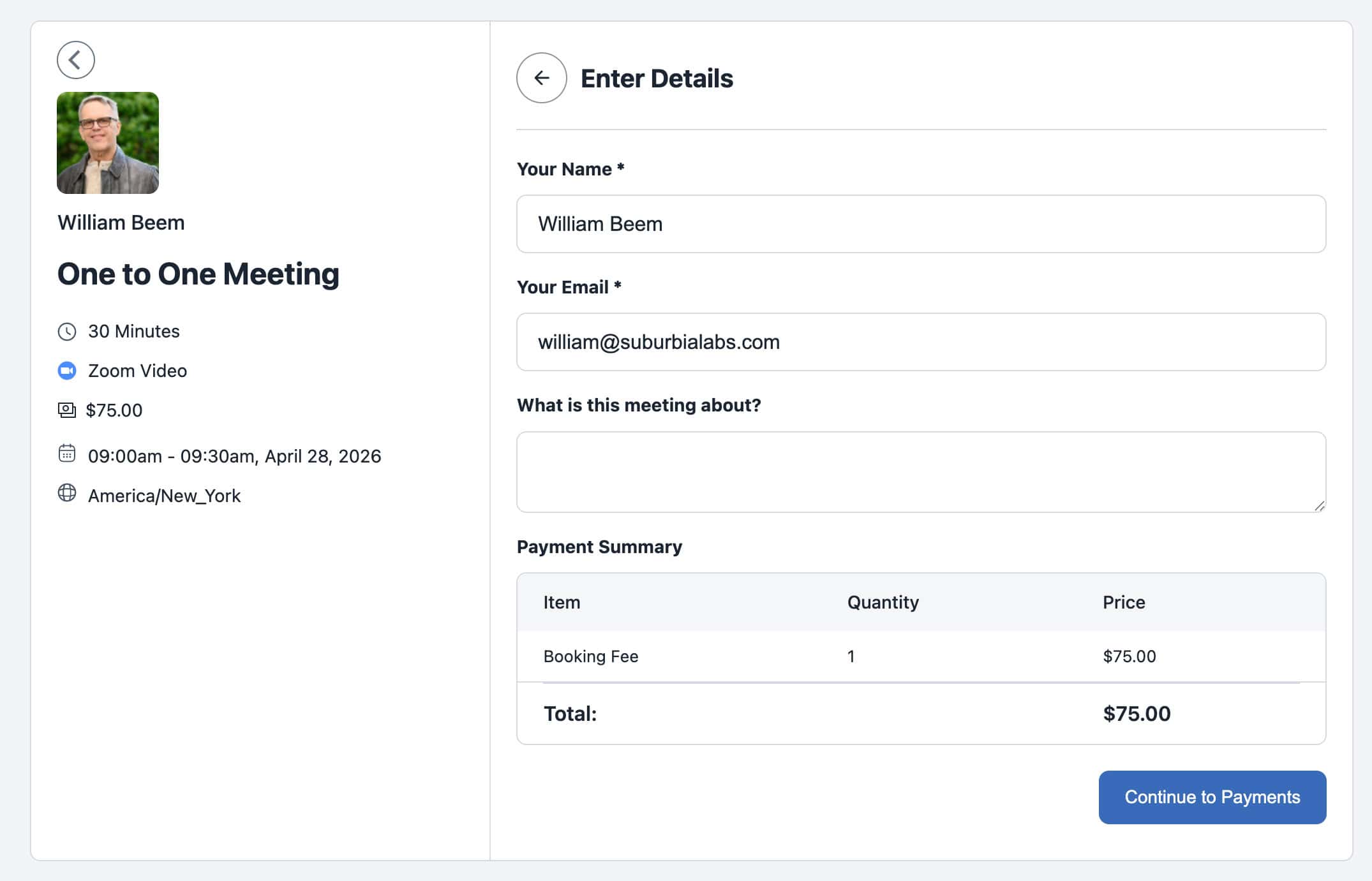 fluentbooking review showing the client detail entry form and Stripe payment summary.