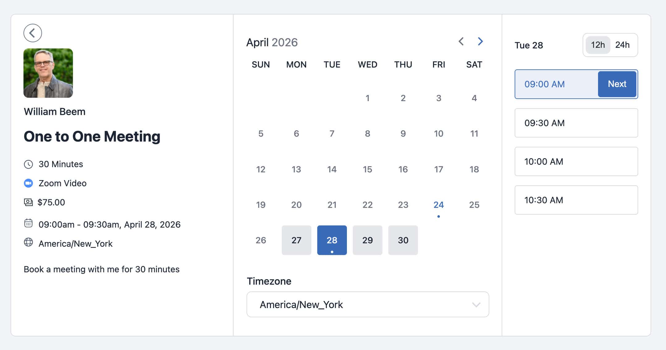 fluentbooking review showing the specific time slot selection screen for an appointment.