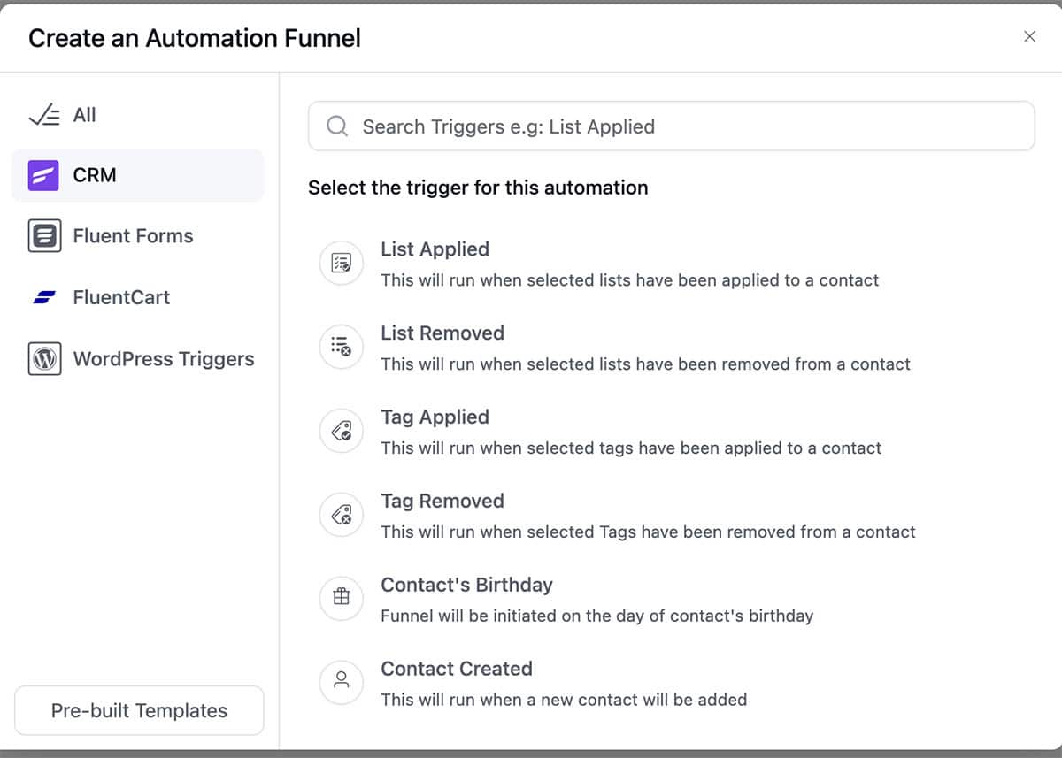 A screenshot of the FluentCRM 3.0 interface showing the new panel-based selection for automation triggers.