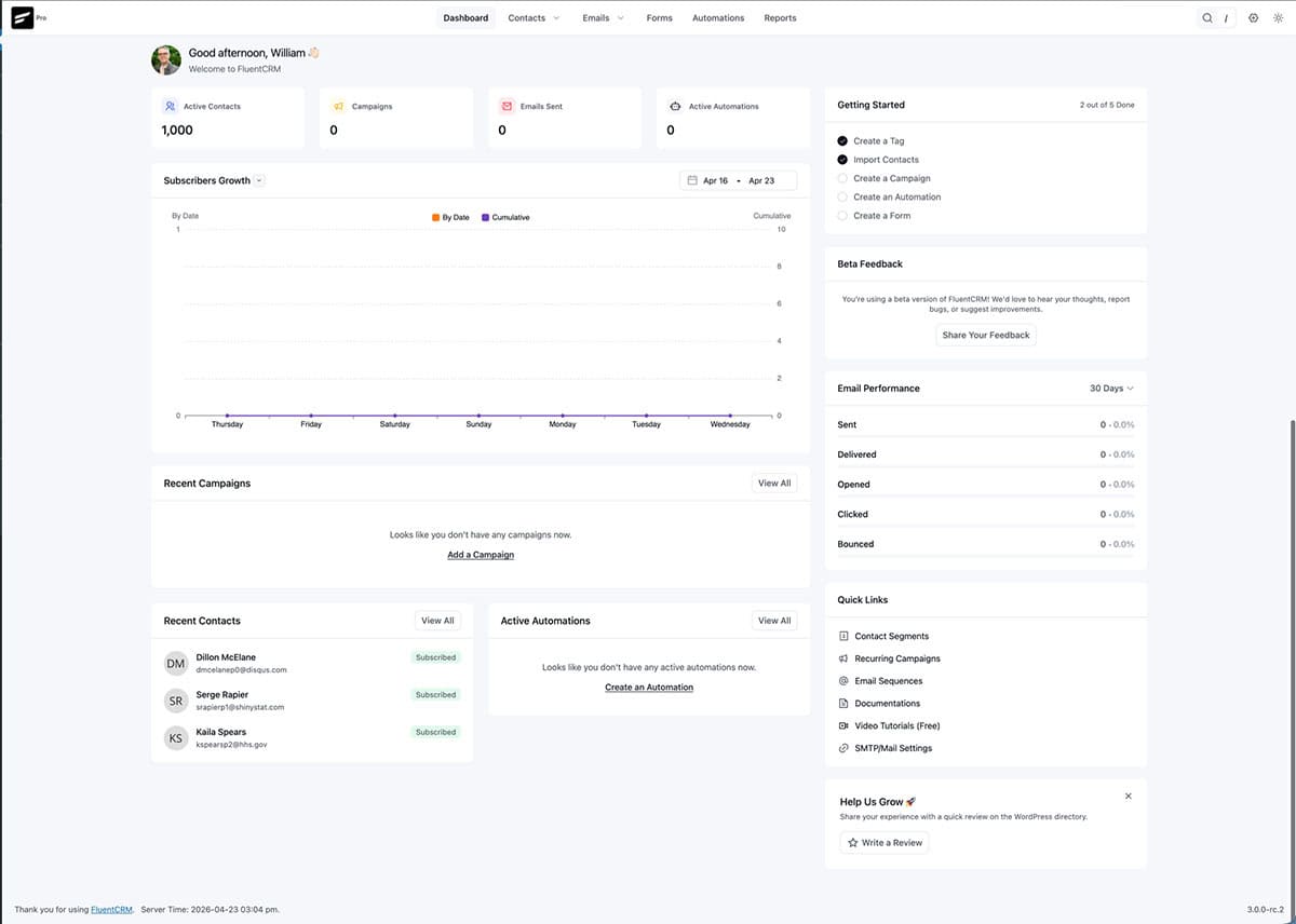 FluentCRM Review; A screenshot of the FluentCRM 3.0 Beta dashboard on a development server, displaying 1,000 mock contacts within the new Vue 3 Single Page Application interface.