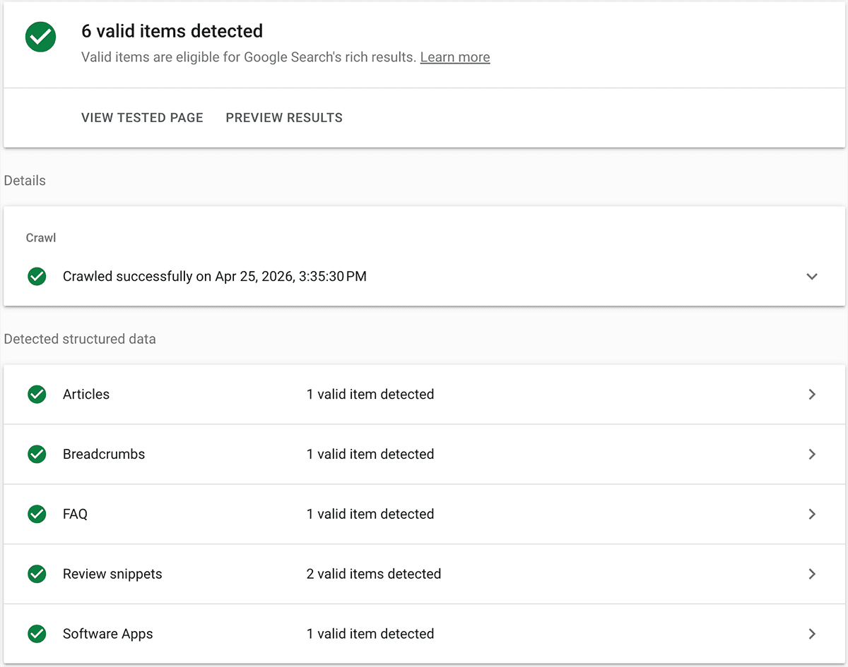 Google Rich Results test showing 6 valid items detected for a Suburbia Press technical audit.
