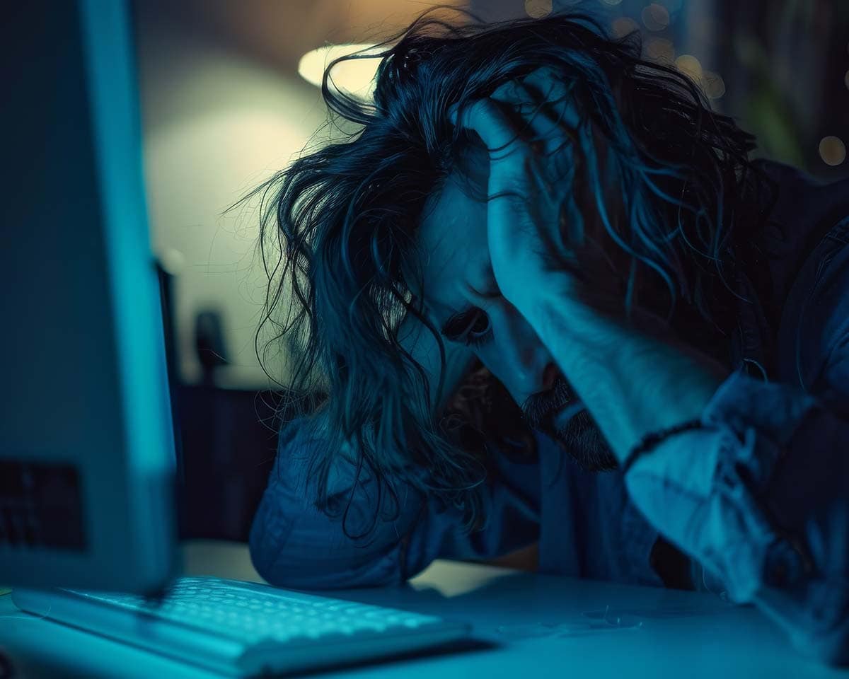 A frustrated digital tenant struggling with platform extraction, illustrating the operational need to deploy sovereign infrastructure.