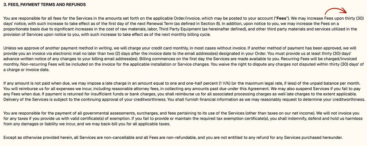 Liquid Web Terms of Service Section 3 excerpt showing fees, payment terms, and refunds clause with highlighted 30-day notice requirement for price increases and automatic renewal language in the Kadence subscription agreement.