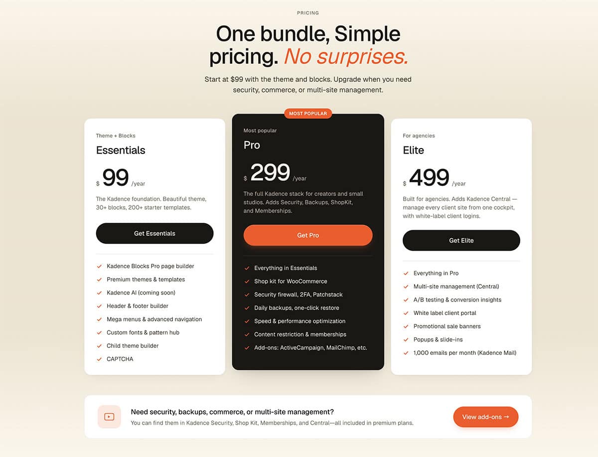 New Kadence terms of service pricing structure showing Essentials at $99/year, Pro at $299/year, and Elite at $499/year, with limited features and multi-site management tiers replacing the previous unlimited-sites licensing model.